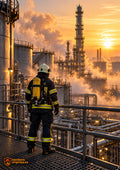 Bombero de espaldas en una plataforma de acero ante un complejo industrial al amanecer, con la firma de Bombero Empresa.