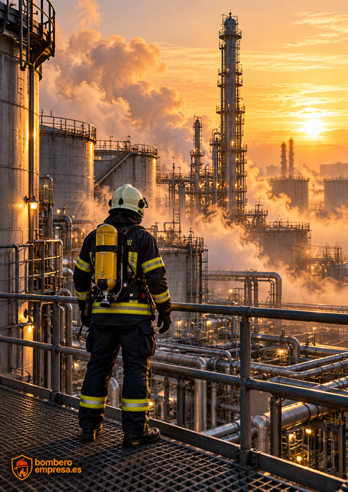 Bombero de espaldas en una plataforma de acero ante un complejo industrial al amanecer, con la firma de Bombero Empresa.