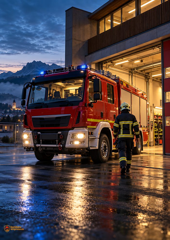 Póster El turno que te espera: camión de bomberos al amanecer junto al parque