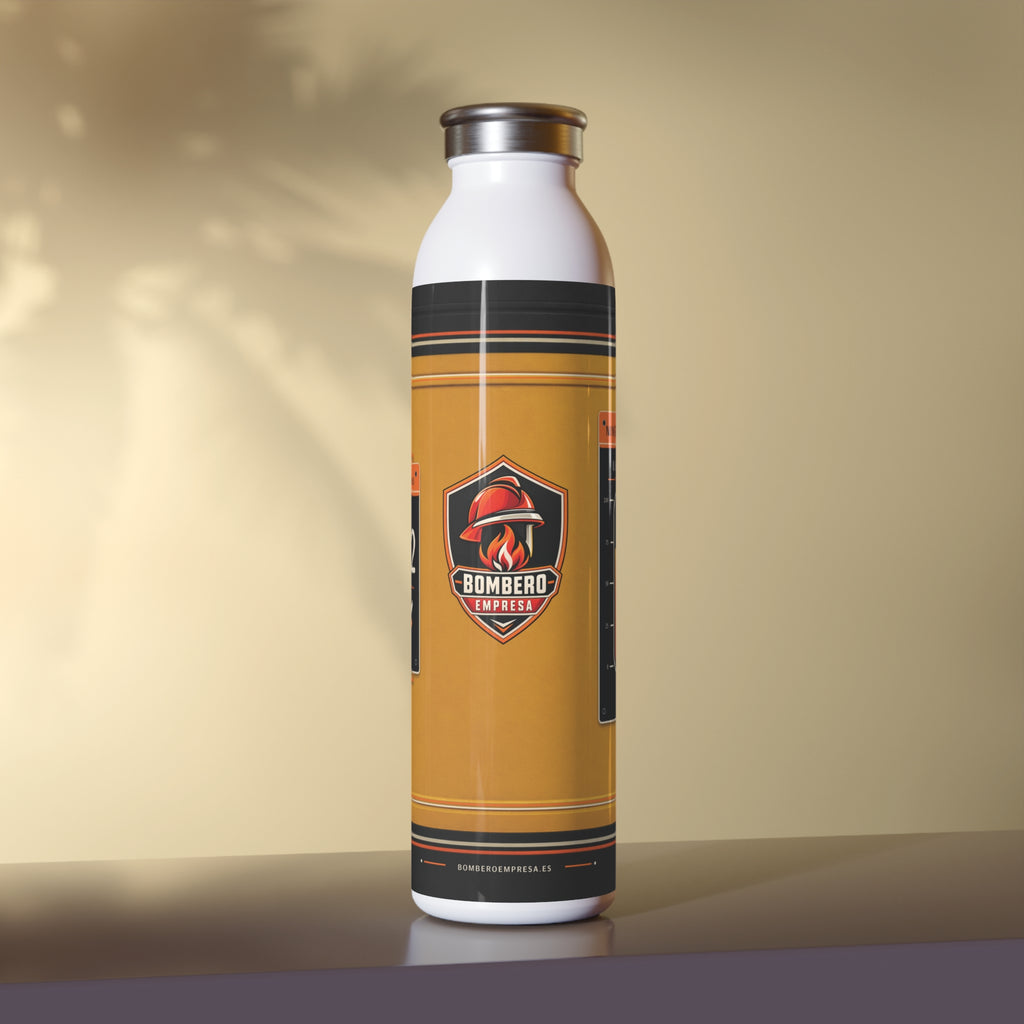 Botella térmica con escudo de Bombero Empresa presentada sobre una mesa