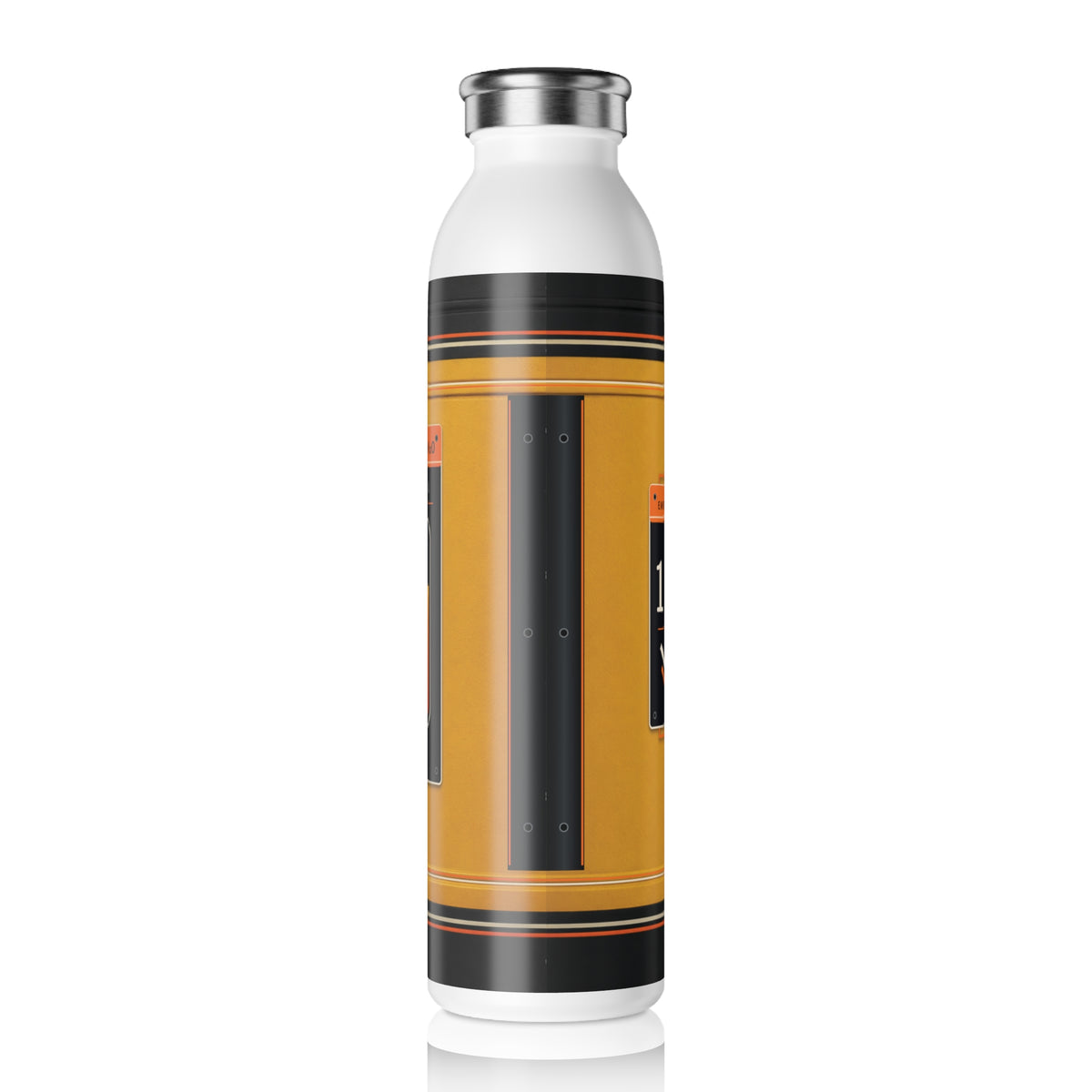 Vista trasera de botella térmica de bombero con diseño naranja y negro