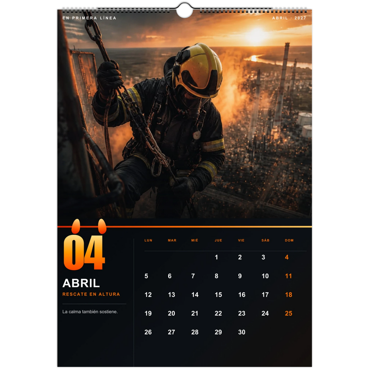 Página de abril del calendario de bomberos 2027 con un bombero realizando un rescate en altura