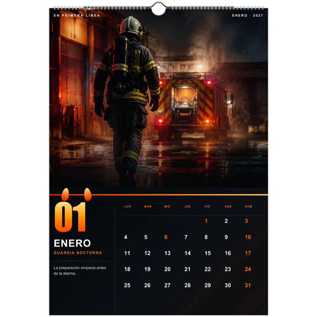Página de enero del calendario de bomberos 2027 con un bombero caminando hacia un camión de emergencias