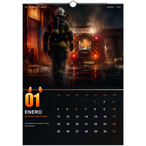 Página de enero del calendario de bomberos 2027 con un bombero caminando hacia un camión de emergencias