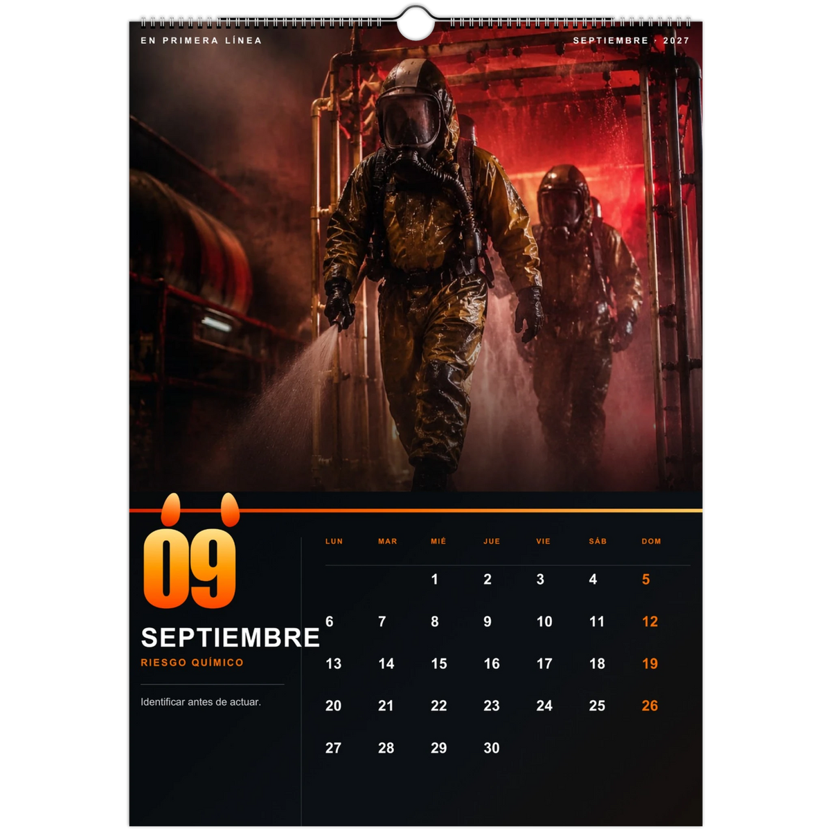 Página de septiembre del calendario de bomberos 2027 con bomberos usando trajes de protección química