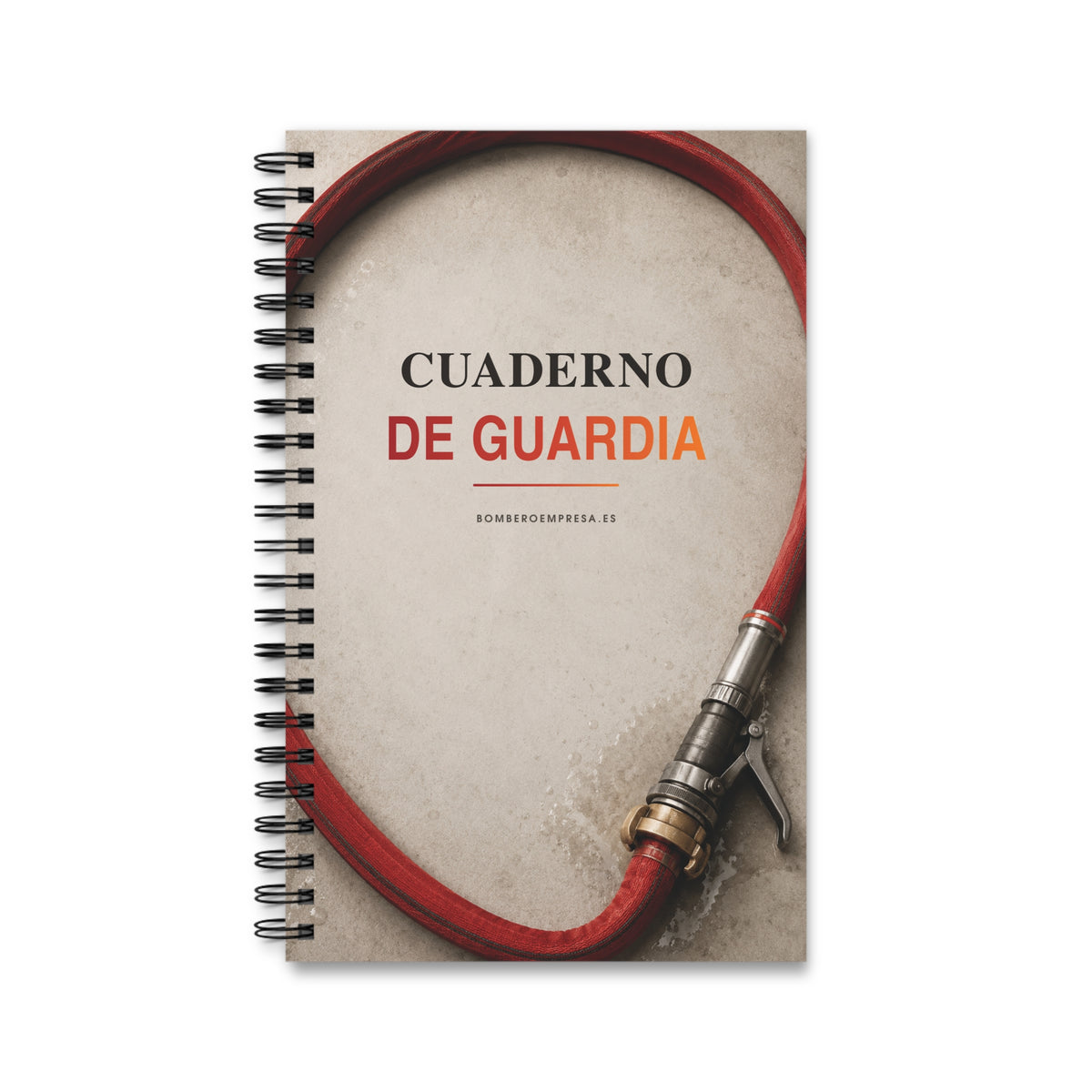 Portada del Cuaderno de Guardia para bomberos con una manguera roja y racor