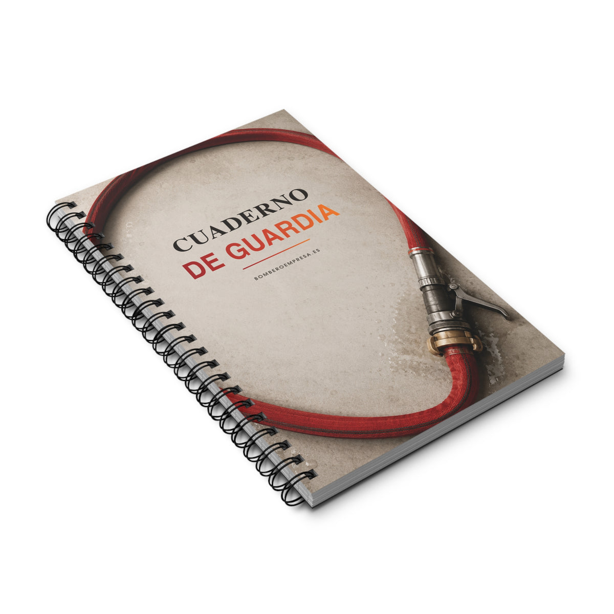 Cuaderno de Guardia para bomberos en perspectiva con portada de manguera roja