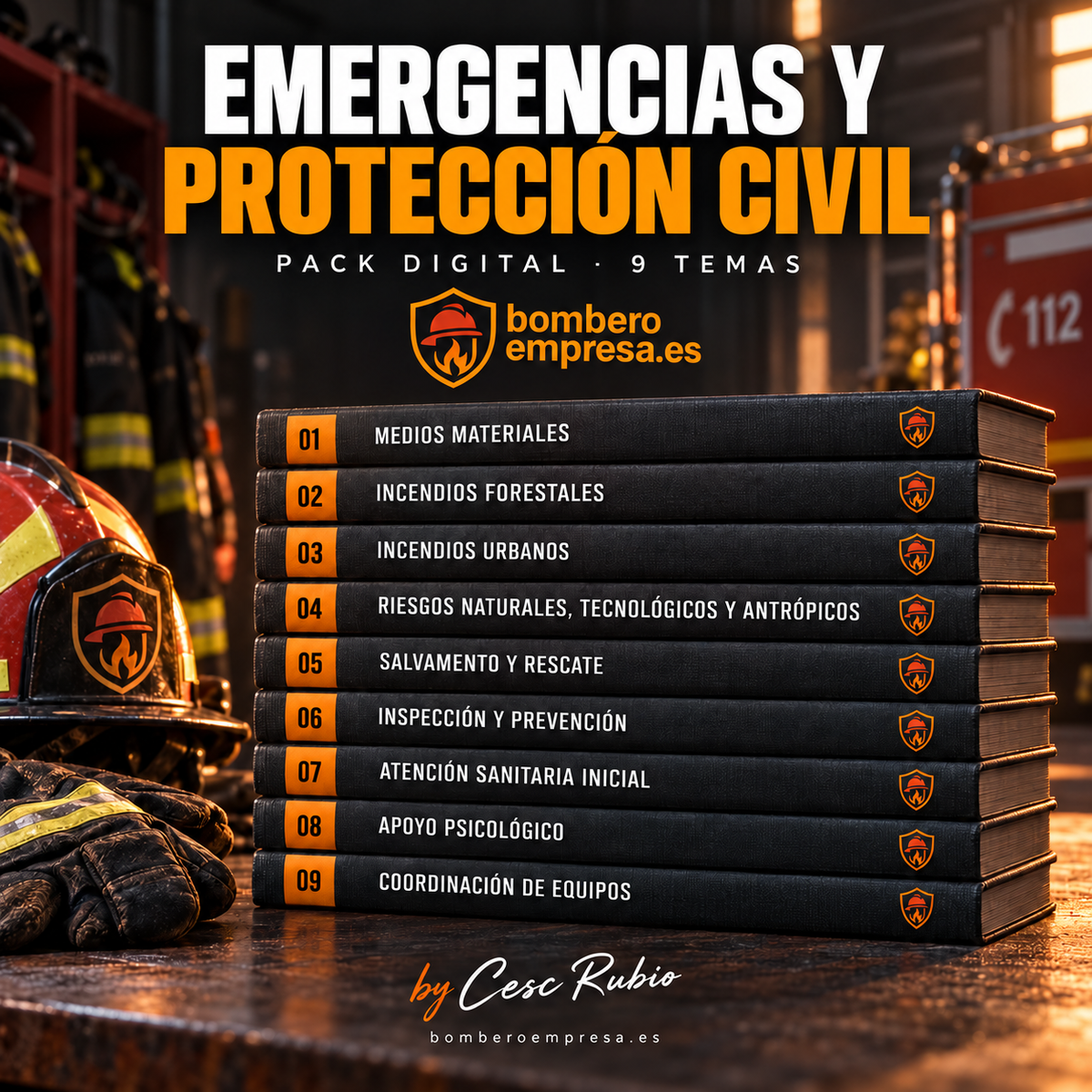 Pack digital de emergencias y protección civil con nueve temarios junto a un casco de bombero