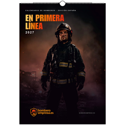 Portada del calendario de bomberos En Primera Línea 2027 con un bombero equipado