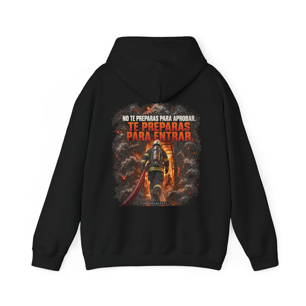 Parte trasera de sudadera negra de bombero con ilustración y frase Te preparas para entrar