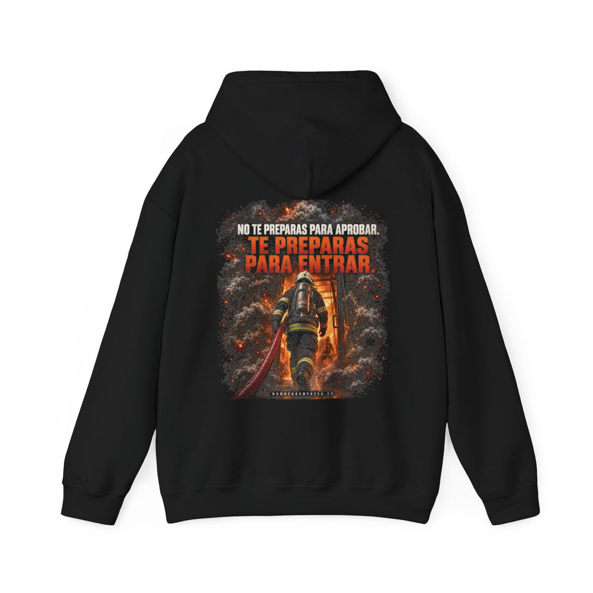 Parte trasera de sudadera negra de bombero con ilustración y frase Te preparas para entrar