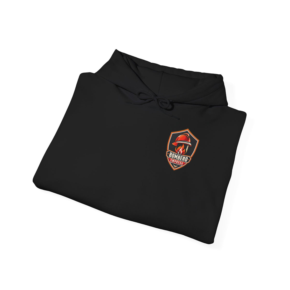 Sudadera negra de bombero doblada mostrando el escudo de Bombero Empresa