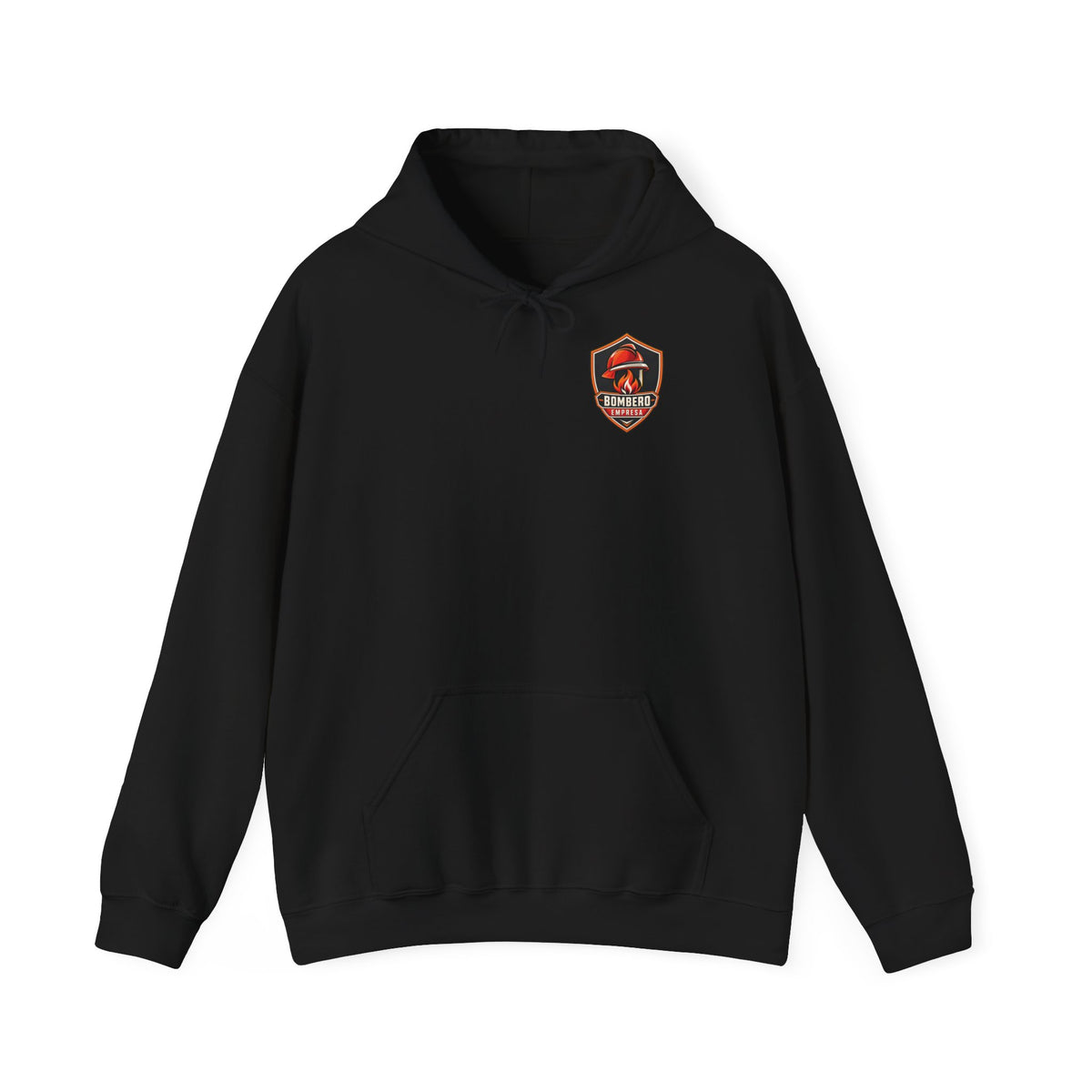 Parte delantera de sudadera negra con capucha y escudo de Bombero Empresa en el pecho