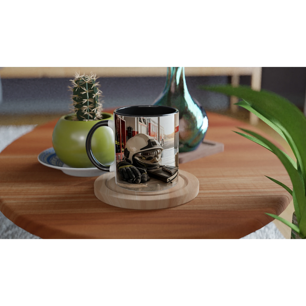 Taza de bombero con diseño de casco y guantes sobre una mesa de madera