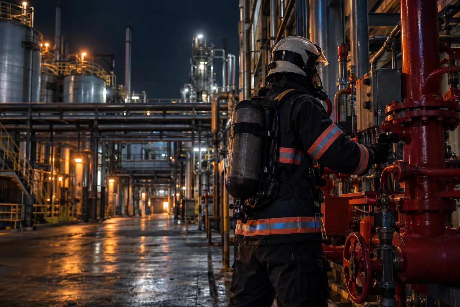 Bombero industrial trabajando en una instalación industrial